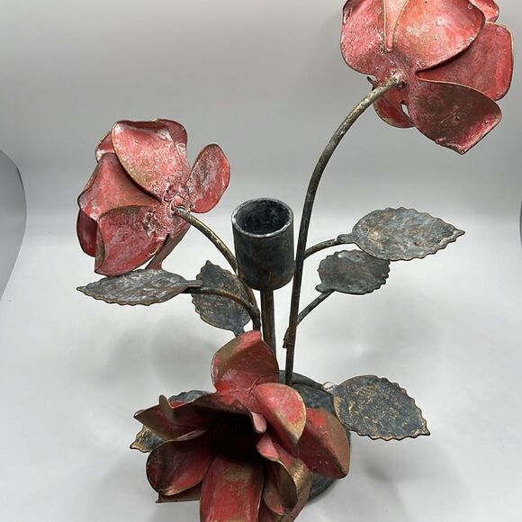 Metal Candle Holder Aged Welded Rustic Patina Pink Metallic Gold Roses w/ Leaves - Picture 3 of 17